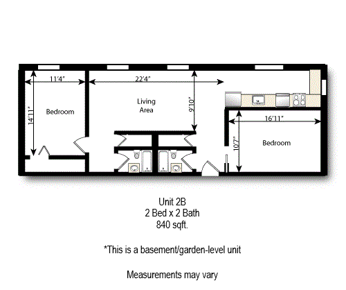 Floor plan for 2 beds, 2 baths, 840 sqft